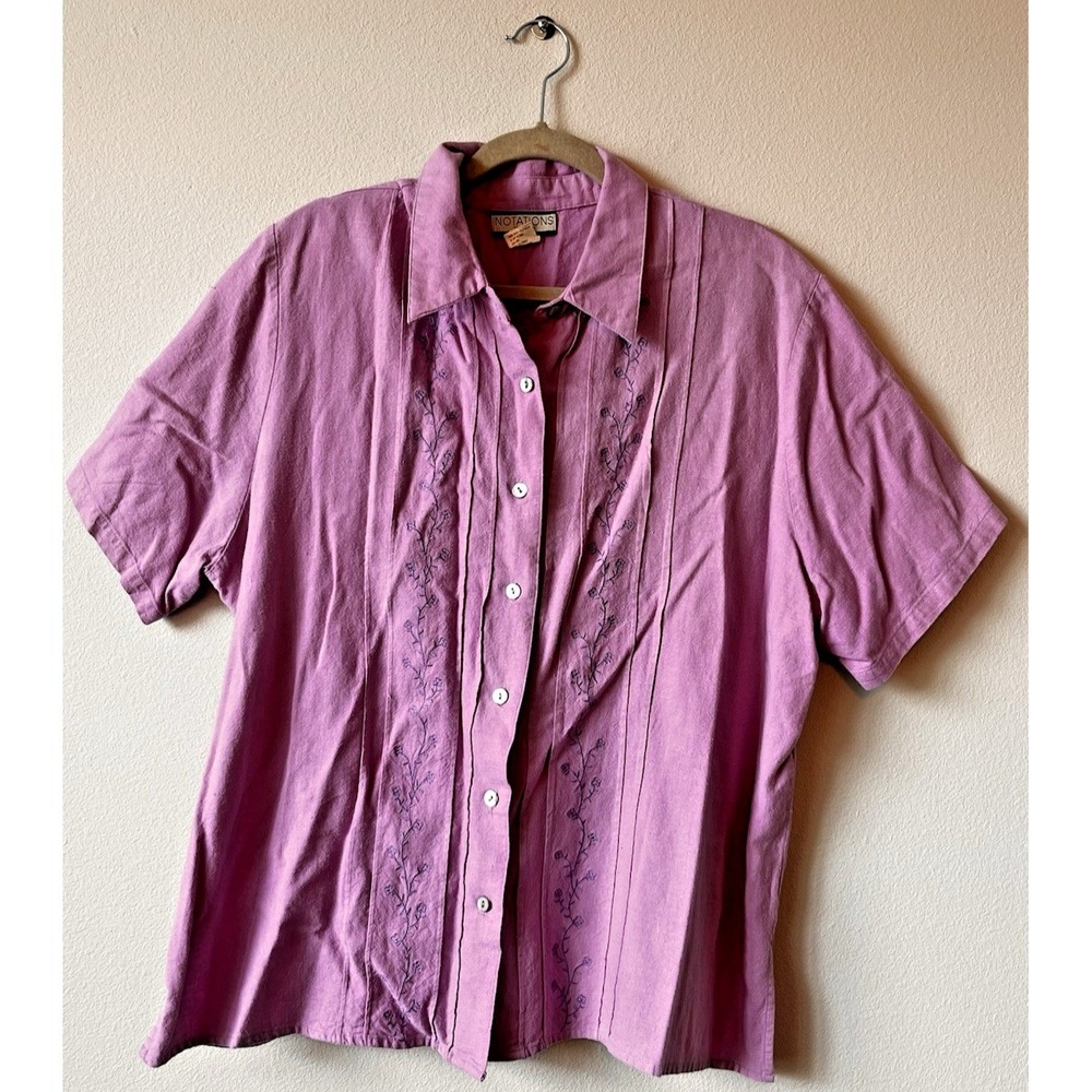 Vintage NOTATIONS Floral Embroidered Size 1X Short Sleeve Button Up Top B23